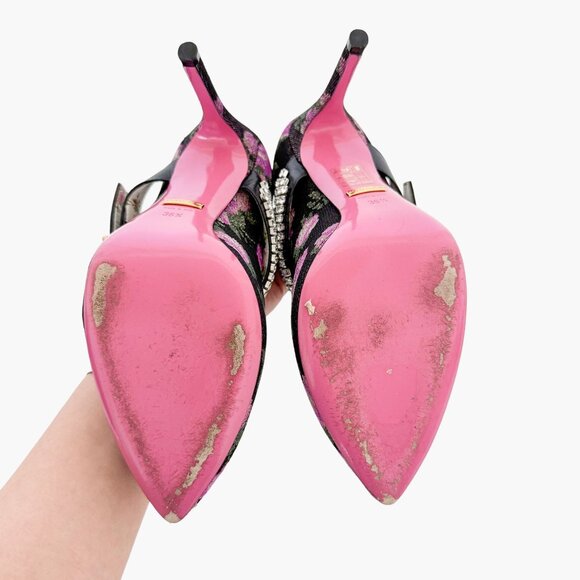 Gucci Sylvie Crystal Mary Jane Pump EU 36.5 US 6.5 Purple Floral High Heel - Picture 10 of 14